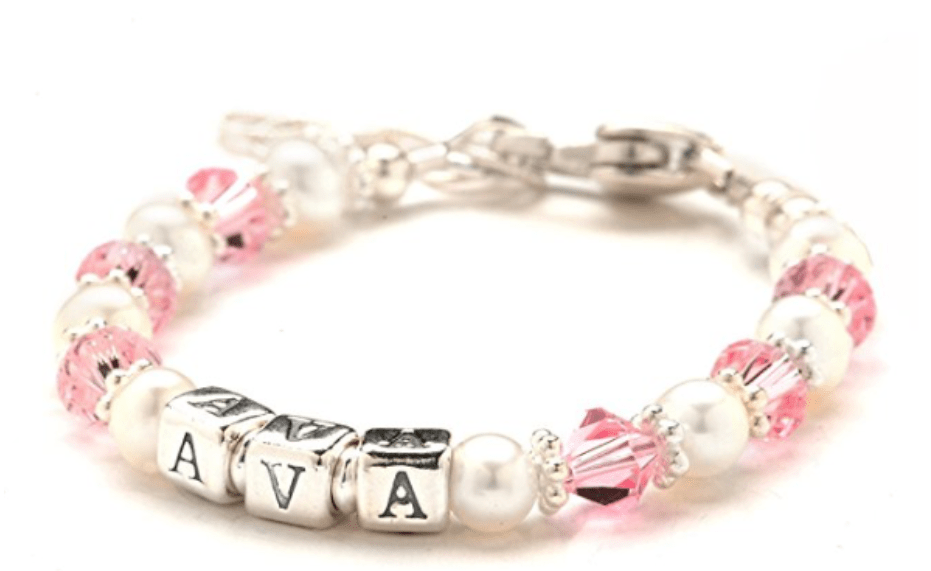 Baby Pink Crystal, Cultured Freshwater Pearl & Sterling Silver Name Bracelet